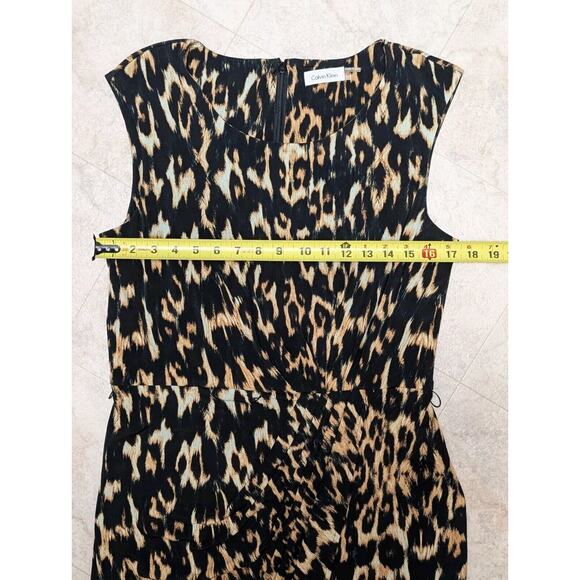 CALVIN KLEIN Leopard Print Sheath Dress Belted Black/Brown Size 10 Faux Wrap - Picture 8 of 11